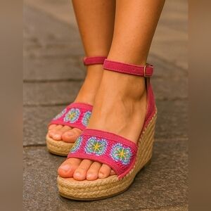 Castaner Queta Crochet Wedge Espadrilles Pink Multi NWT
